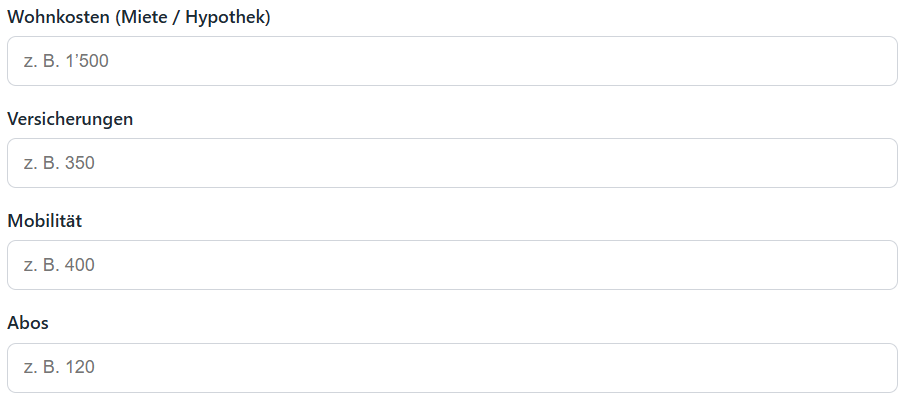 Fixkosten eingeben im Fixkosten-Rechner für die Schweiz